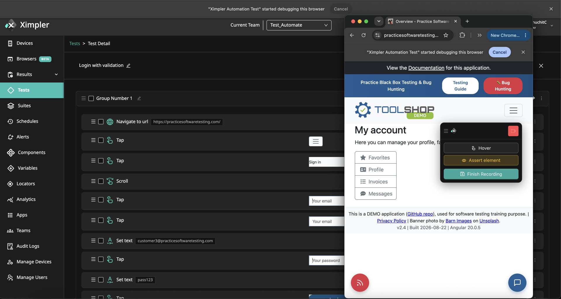 Ximpler recording a web test step by step against a live site in Chrome